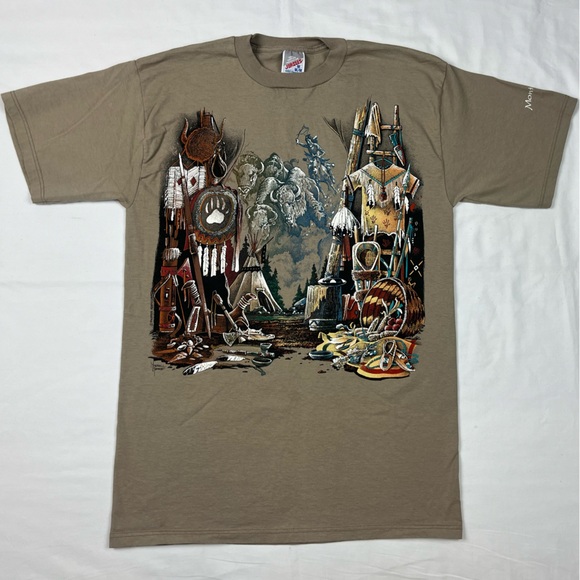 Vtg Montana Native American Indian Mens T-Shirt Sz Medium 90s Beige/Tan B5 - Picture 1 of 8